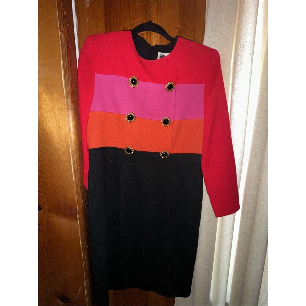 Vintage 90s Don Elliot  Women's Colorblock Sheath Dress Red Pink Orange Size 8